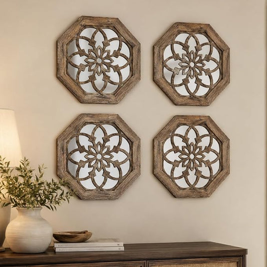 4 Pack 12 Inch Octagon Maroon Rustic Wood Frame Acrylic Wall Mirrors, Farmhouse Boho Wall Art Decor for Living Room, Bedroom, Hallway, Entryway, Bathroom & Office