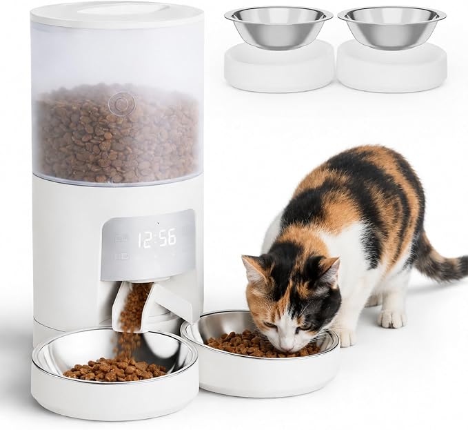 DUMOS 6L Automatic Cat Feeder for 2 Cats, Timed Pet Food Dispenser, Ivory | 2 Stainless Bowls, 10s Voice Call, Dual Power Supply, 6 Meals Per Day, 50 Portions Per Meal, Dual Pet Feeder for Cat and Dog