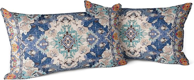 Snycler Boho Throw Pillow Covers 12x20 inch Set of 2 Boho Rug Carpet Double Sided Pattern Cotton Soft Pillow Case Cushion Cover Pillowcase for Couch Sofa Bed Decorative (Blue)