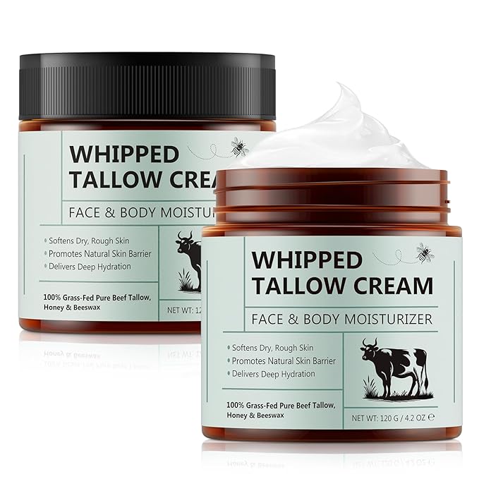 Whipped Beef Tallow for Skin - 100% Grass Fed Pure Beef Tallow with Honey, Natural Moisturizing Cream for Face and Body, Deep Hydration Softens Dry Skin, Nourishing Tallow Cream 4.2 Oz (2 Packs )