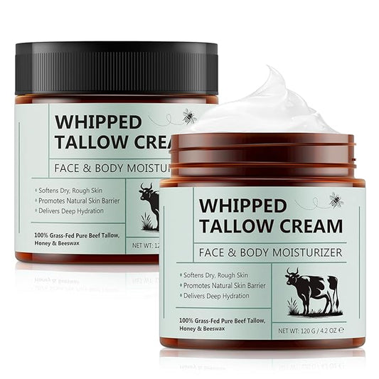Whipped Beef Tallow for Skin - 100% Grass Fed Pure Beef Tallow with Honey, Natural Moisturizing Cream for Face and Body, Deep Hydration Softens Dry Skin, Nourishing Tallow Cream 4.2 Oz (2 Packs )