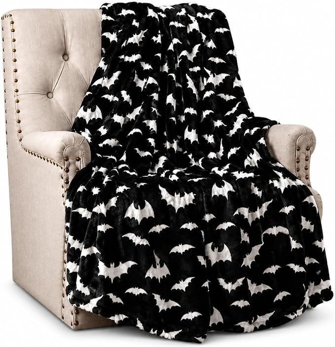 Halloween Fleece Throw Blanket, Silver White Bats on Black, Oversized 50x70 | Ultra-soft cozy flannel fleece, for sofa couch bed chair & dorms, spooky Halloween décor, durable and machine washable.