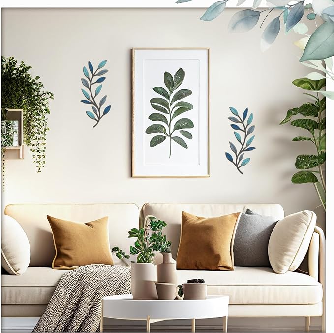 Zhengmy 2 Pcs Metal Leaf Wall Art Vine Branch Decor,Vintage Blue | Olive Branch Metal Decor for Living Room Hallway, Symmetrical Leaf Pair for Doorway Entryway, Lightweight Hanging Art Design
