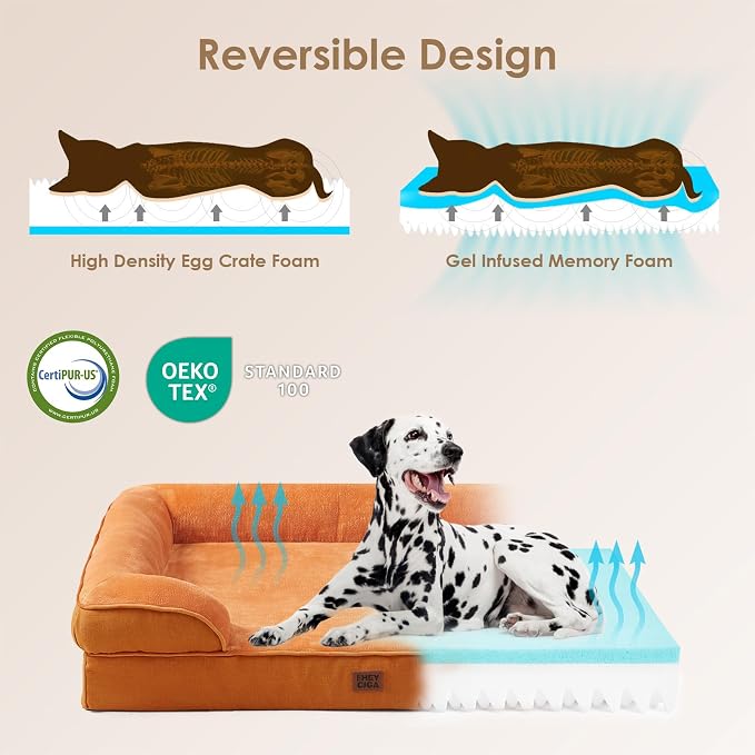 EHEYCIGA Orthopedic Dog Beds Large Sized Dog, Waterproof Washable Pet Bed | Non-Slip Bottom and Egg-Crate Memory Foam Dog Couch Bed with Washable Removable Cover, Pumpkin Orange