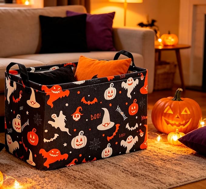CLOCOR Rectangular Storage Basket Empty,Gift Basket,Waterproof Storage Bin with Handles,Room Decor(Black Halloween Basket)