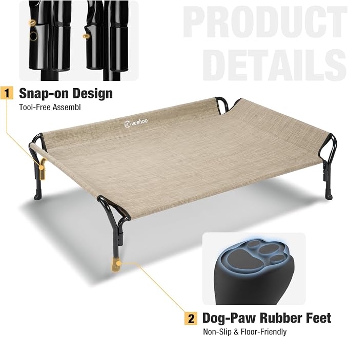 Veehoo Cooling Elevated Dog Bed, Raised Dog Cot with Guardrail & Headrest | Washable Dog Couch Bed for Indoor & Outdoor, Durable Breathable Teslin Mesh, Non-Slip Feet, Large 47" x 32", Beige Coffee