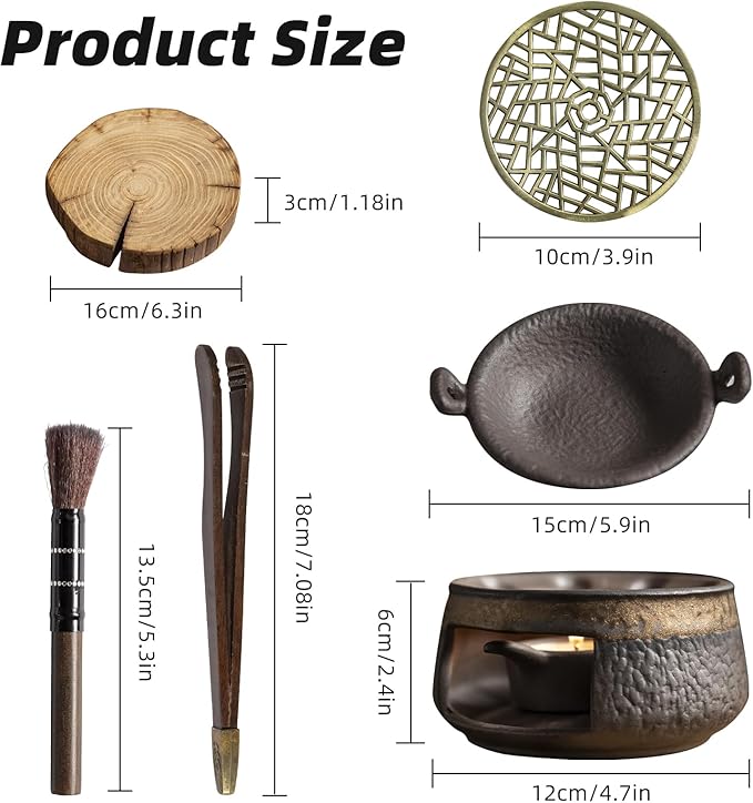 Cedar Aromatherapy Burner & Ceramic Oil Warmer for Home & Office (Heat-Resistant Double-Handled Baking Tray + Stone-Patterned Oven + Old elm Wood mat + Accessories)