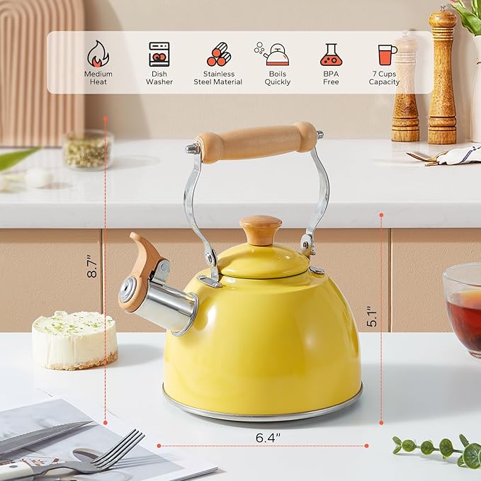 ROCKURWOK Tea Kettle, Tea Pot with Cool Touch Ergonomic Handle, Teapot Food Grade Stainless Steel, Tea Kettle Stovetop, Kettle Teapot, Whistling Tea Kettle, Small Tea Kettles, 1.6 Quart (Yellow)