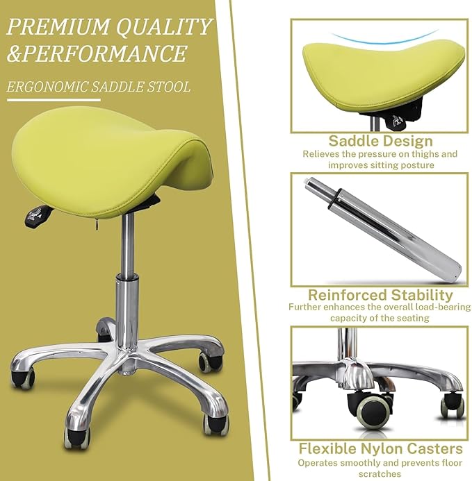 Saddle Stool Tilting Available Ergonomic Swivel Stool Chair with Hydraulic Lifting Height Adjustable Rolling Stool for Office Desk Clinic Dentist Spa (Olive Green)