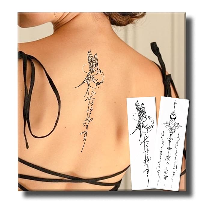Semi Permanent Tattoos, 2 Weeks Large Realistic Hummingbird and Henna Moon Flower Temporary Tattoos for Women Adults Spine Arm Wrist, Fake Tattoos, Waterproof and Non-Reflective, 2 Sheets