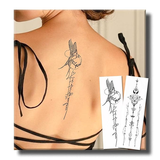 Semi Permanent Tattoos, 2 Weeks Large Realistic Hummingbird and Henna Moon Flower Temporary Tattoos for Women Adults Spine Arm Wrist, Fake Tattoos, Waterproof and Non-Reflective, 2 Sheets