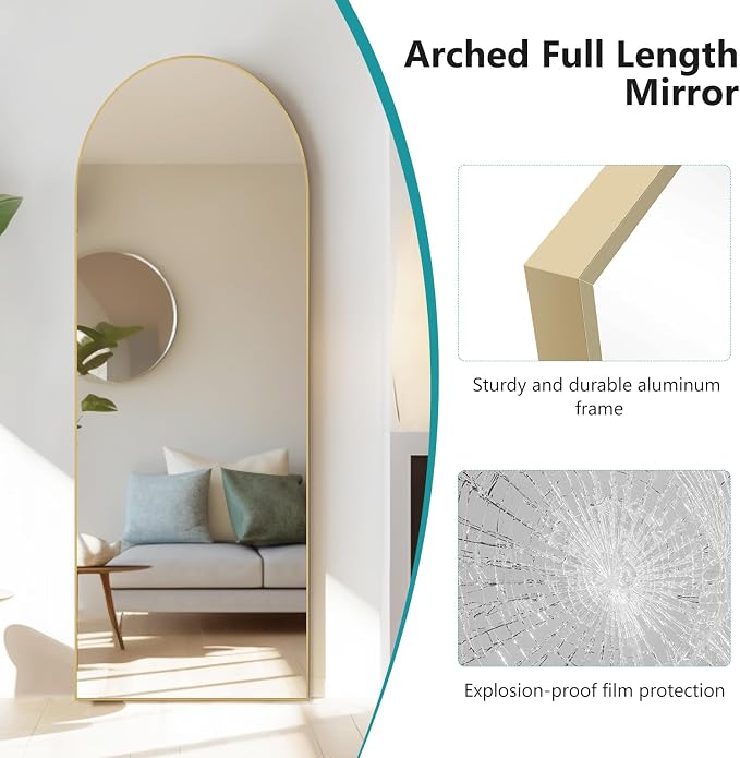 DUMOS 63"x20" Arched Full Length Floor Mirror, Full Body Mirror with Stand | Shatterproof Tempered Glass, Modern Aluminum Alloy Frame, Free Standing or Leaning for Home Decor, Gold