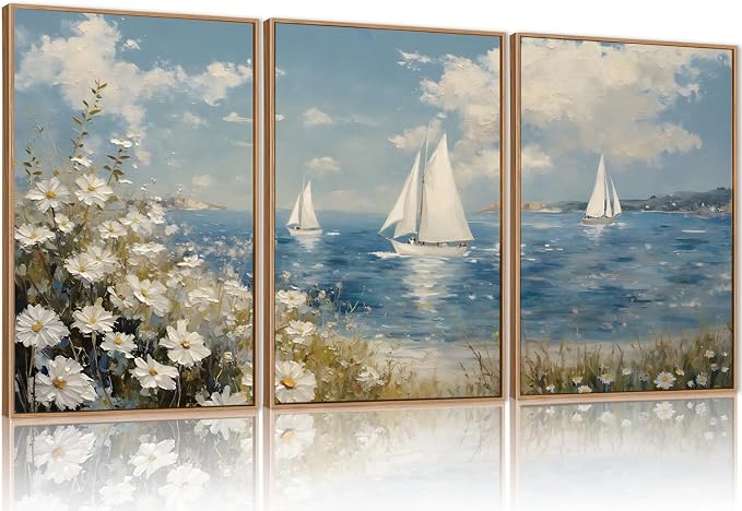FWIEXA Beach Coastal Wildflower Canvas Wall Art Framed, Ocean Sailboats Pictures Wall Decor, Flower Seascape Painting, 3 Pieces 16x24In Nautical Blue Sky Artwork for Living Room, Bedroom, Bathroom, Rustic Farmhouse
