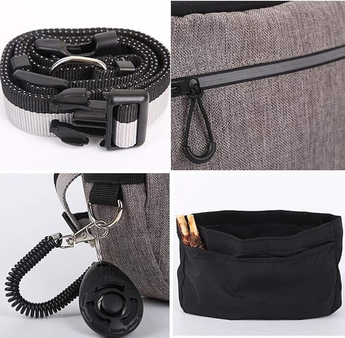 Pet Dog Treat Pouch Waist Bag, Auto Closing Waterproof Oxford Adjustable Training Belt Bags with Poop Bag Dispenser + Dog Collapsible Bowl for Dog Cat Running, Walking, Feeding (Blue)