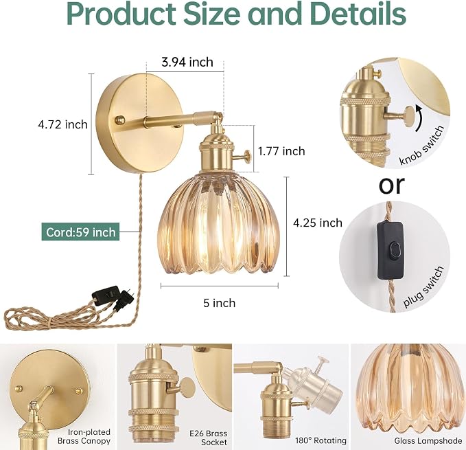 Shenmoyl Plug in Wall Sconce, Amber Tulip Glass Lampshade Wall Light Plugin Corded for Bedside Bedroom Doorway, 2 Pack
