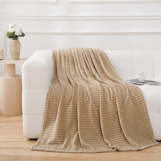 Puncuntex Fleece Throw Blanket Khaki 50"×70" with Square Grid Design | Super Soft Plush Cozy Flannel Throw Blanket Luxury for Couch Sofa Chair