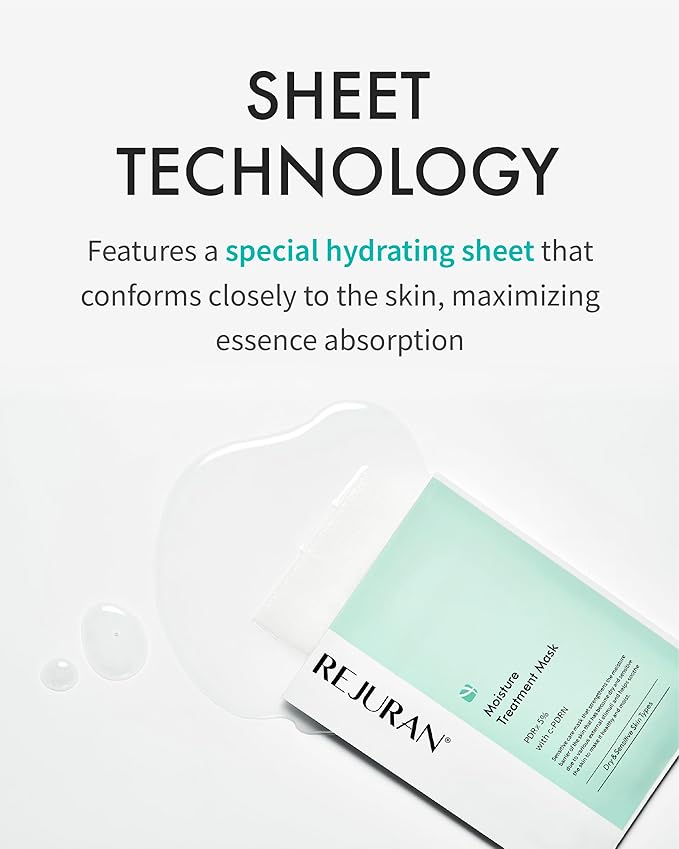 REJURAN® Moisture Treatment Mask, c-PDRN® - Hydrating Facial Sheet Mask, Repairs Skin Barrier and Retains Moisture with PDRx, Korean Skin Care 5-Pack