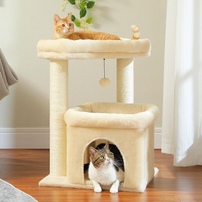 PEQULTI Cat Tree Tower for Large Indoor Cats, Extra Large Perch, Beige | Sisal wrapped scratch posts, oversized resting perch, sturdy cat tower furniture for indoor large cats