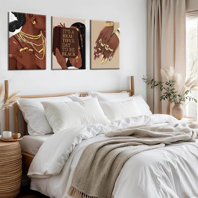 Marllifenney 3 Pcs Black Woman Wall Art Framed Black Girl Posters Abstract African American Canvas Prints Black Women Painting Decor Modern Boho Female Pictures for Bedroom Living Room Office 12x16in