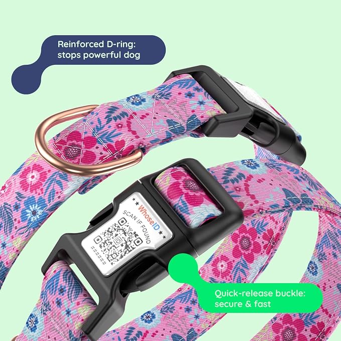 Airtag Dog Collar,with Waterproof airtag Holder，Original Stylish Cute Pattern Design.QR Code ID Buckle，Comfortable Soft Cotton for Small Medium Large Dogs