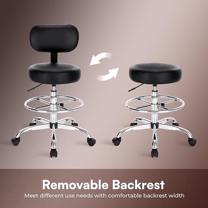 SUPERJARE Drafting Chair with Back, Adjustable Foot Rest Rolling Stool, Multi-Purpose Office Desk Chair, Thick Seat Cushion for Home Bar Kitchen Shop - Black 7205B