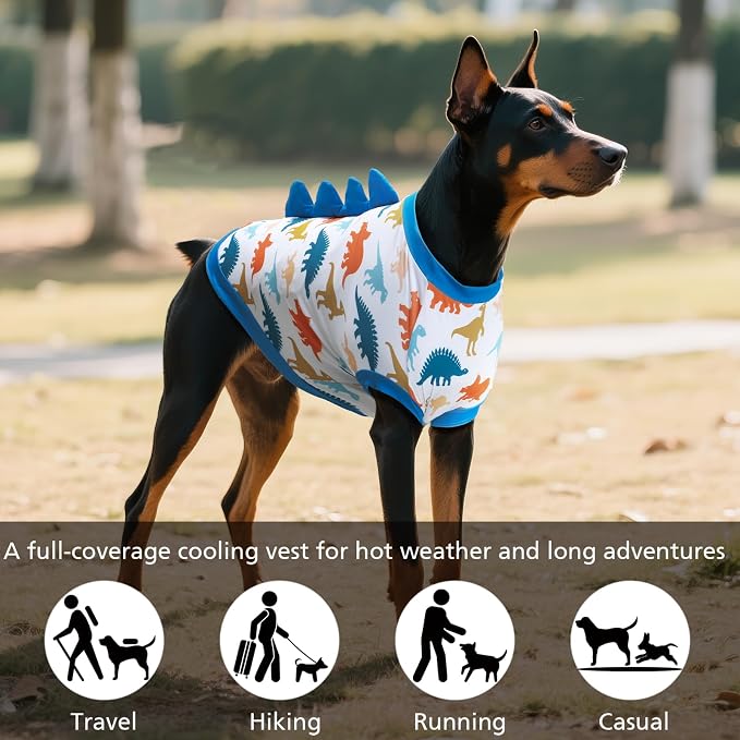 UPF 50+ Sun Protection Dog Shirt - Sleeveless Cooling Vest for Large Dogs Boy, Quick-Dry Pet T-Shirt with Funny Dinosaur Horns, UV Protective Breathable Dog Clothes U-COSBX02L