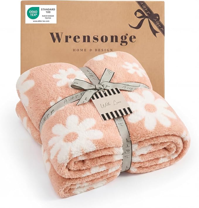Soft Throw Blanket for Couch-Cozy Reversible Knitted Blankets | Lightweight Warm Fluffy Decor for Women, Mom, Her & Girls, Sofa, Chair, Bed, 50x60in,Daisy Floral Peach Orange