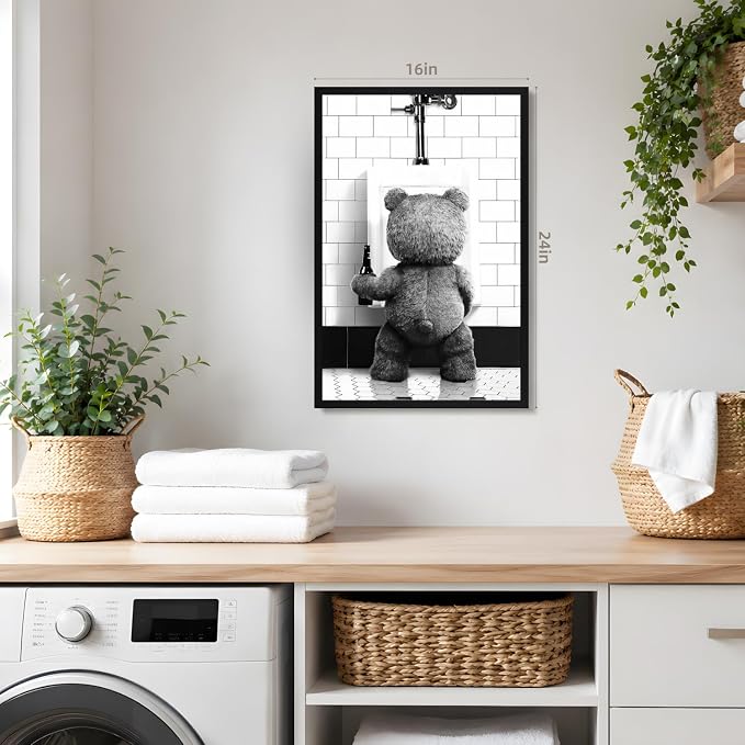 VziizV Funny Bear Bathroom Wall Art, Teddy Bear with Beer Canvas Print, Humorous Black and White Animal Decor, Farmhouse Restroom Artwork for Living Room Bathroom Bedroom Wood Framed 12x16 Inch