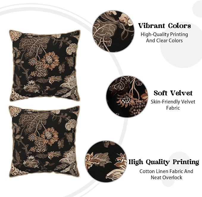 Vintage Black Floral Leaves Velvet Pillow Covers 18x18 Inch Brown Beige Tan Boho Flowers Throw Pillows For Couch Cushion Covers Pillowcase Farmhouse Bohemian Pillow Cases for Sofa Bed Bedroom
