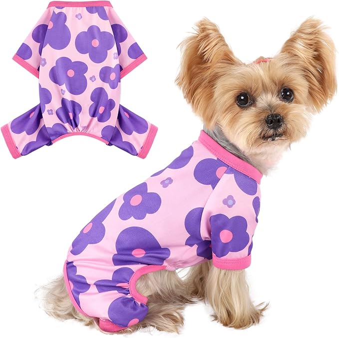 DaFuEn Dog Pajamas for Small Dogs - Soft Stretchy 4-Legged Puppy Onesie & Jumpsuit - Breathable Dog PJs Sleepwear Clothes for Yorkie, Chihuahua, Toy Poodle, Boy & Girl (Purple Flowers,L)