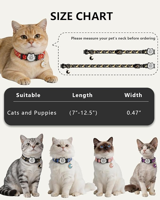 Smart QR Code Cat Collar with Online Profile - Breakaway Safety Kitten Collar with Cute Stars and Moon Design, Adjustable Collar for Girl Boy Cats & Small Pets - Red Color Spring Pet Gifts (Red)