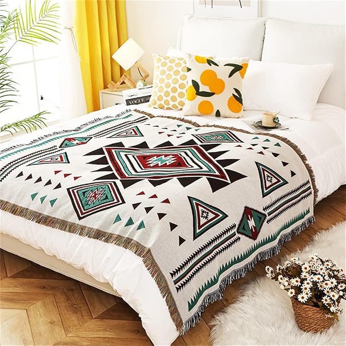 Homesy Aztec Throw Blanket Native Southwestern Bed Blankets 63"x87" White | Southwest Decor,Boho Style,Sofa Chair Cover,Outdoor Beach Car Tent Travel Camping Use,Tapestry,Reversible and Tassels
