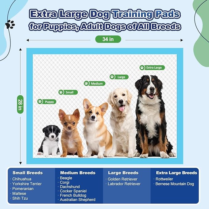 Puppy Pads XL 100 Count, Dog Pee Pads Extra Large, 34"x28" Pee Pads for Dogs, X-Large Disposable Dog Training Pads Super Absorbent&Leak-Proof, Crate Potty Piddle Pads for Doggy, Pet Supplies