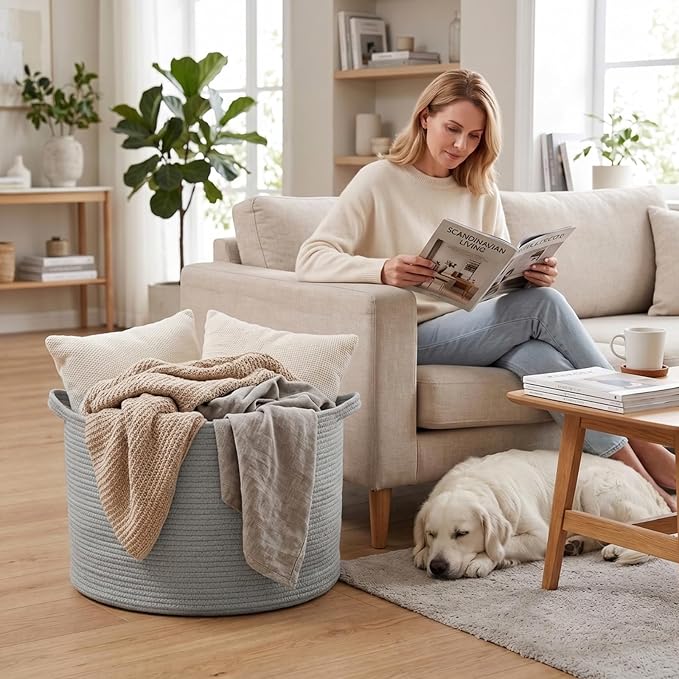 65L Large Blanket Basket,Woven Rope Laundry Basket-Light Gry | Collapsible, reinforced handles, nursery storage bin organizes clothes, toys and pillows for living room, bedroom bathroom