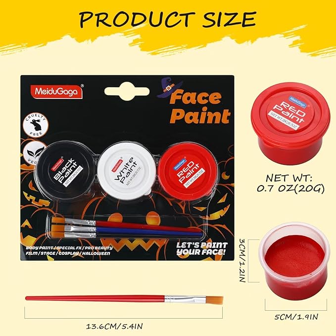 Black White Red Face Body Paint, Water Based Professional Body Paint Set, Non-Toxic Face Paint Makeup for Halloween Party Clown SFX Cosplay
