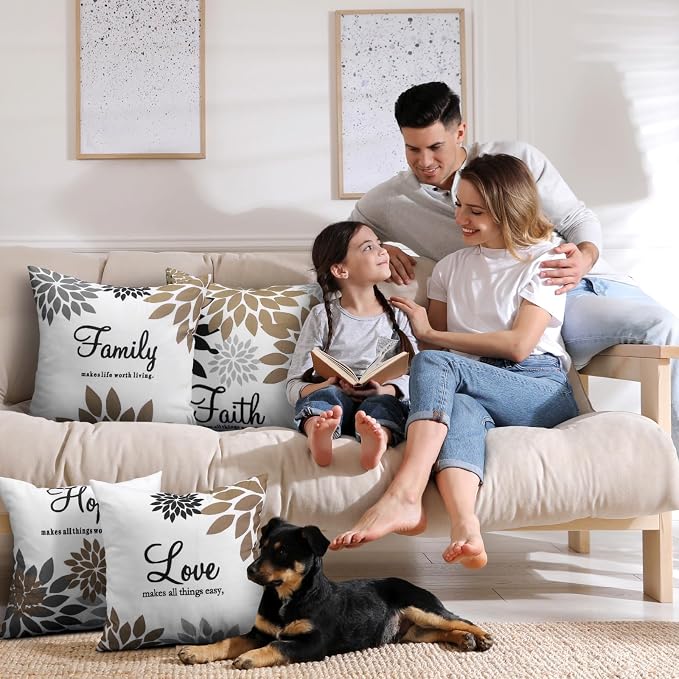 Tatuo 4 Pcs Flower Pillow Covers Square Summer Pillow Cushion Cases 18 x 18 Inch Family Faith Hope Love Words Decorative Spring Winter Cushion Case for Bed Couch Sofa Living Room(Brown Series)