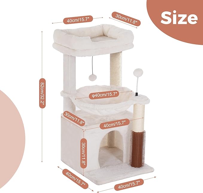 Cat Tree 32” Small Cat Tower with Large Hammock 16”& Self Groomer | Compact Cat Tree with Hammock 16” Dia, Removable Bed, Scratching Post & Self Groomer Small Cat Tree for Indoor & Adult Cats