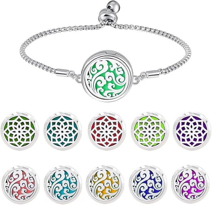 2 Pcs Essential Oil Diffuser Bracelet, Stainless Steel Aromatherapy Diffuser Locket Adjustable Bracelet with 20 Colorful Unscented Refill Pads, Set for Women Girls