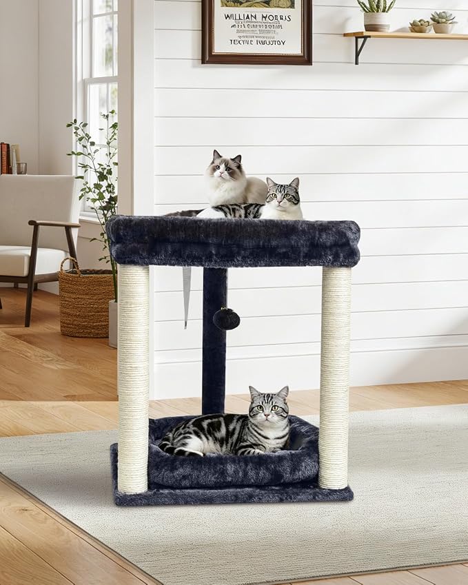SYANDLVY Small Cat Tree for Indoor Cats with 2 Levels Perch Platforms | Natural Sisal Scratching Post Tower with Hanging Bell Ball & Anti-Tip Strap, Stable Cat Perch Furniture for Kittens, Smoky