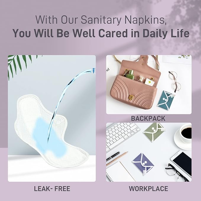 Langsprit Reusable Sanitary Pads for Women, Feminine Pads for Women Regular Absorbency Cotton Washable Cloth Menstrual Pads 6pcs Set with Mini Wet Bag Leakfree and Periods (Large)