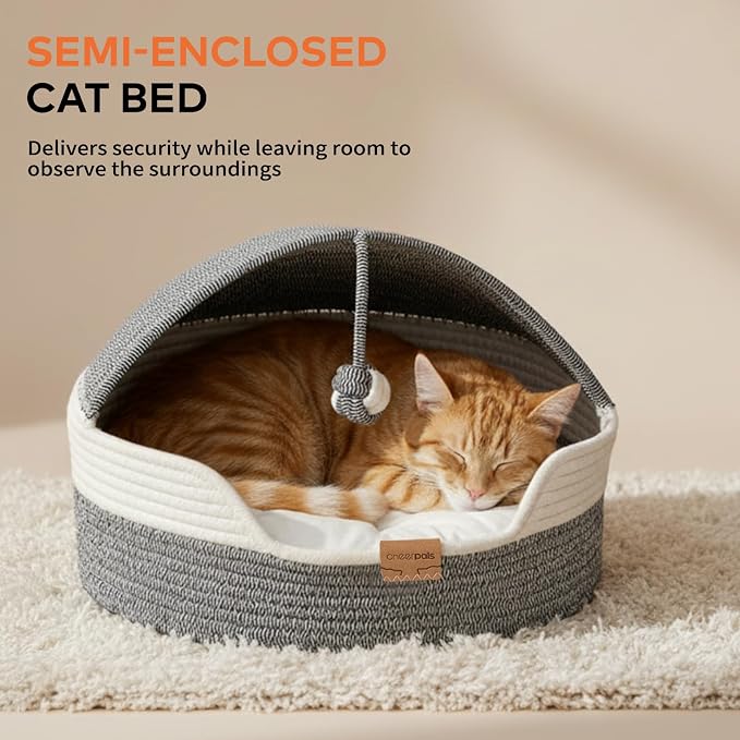 CHEERPALS Cat Basket Bed with Washable Cushion and Ball Rope Cotton, Covered Pet Bed for Indoor Cats Cave Bed Hooded, Stimulicat Cat Bed Handwoven Breathable, All Season Universal(Blue)