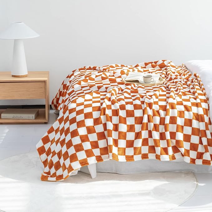 LOMAO Throw Blankets Flannel Blanket with Checkerboard Grid Pattern Soft Throw Blanket for Couch, Bed, Sofa Luxurious Warm and Cozy for All Seasons (Orange, 60"x80")