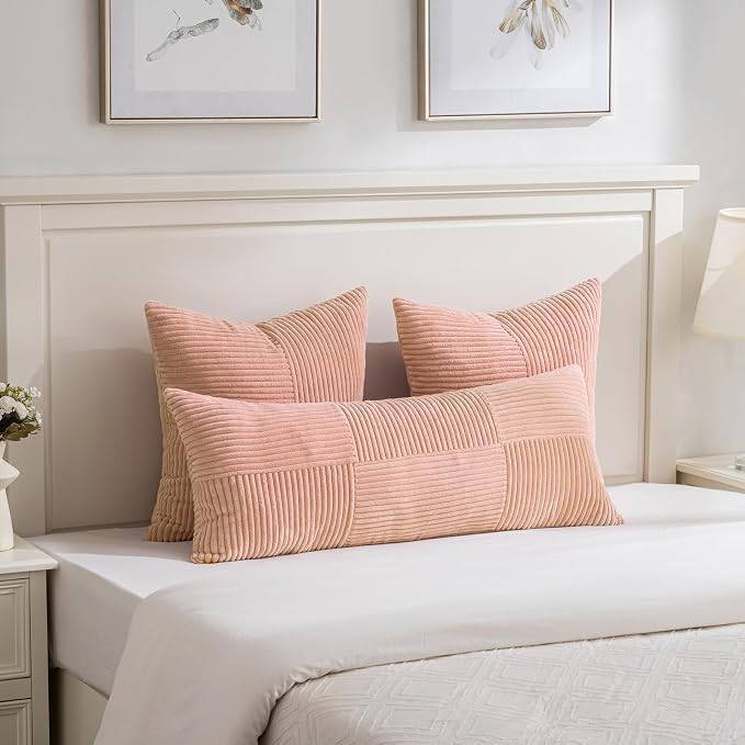 Fancy Homi Set of 1 Peach Boho Long Lumbar Body Decorative Throw Pillow Cover 21x54 Inch for Bed Couch Bedroom Bench, Soft Patchwork Corduroy Textured Pillow Case, Rustic Farmhouse Room Decor