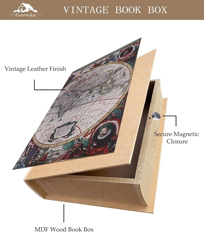 Decorative Wooden Book Box Set of 2 - Vintage Faux Book Boxes for Home Decor, Secret Storage with Magnetic Closure, Antique Style, Map Pattern Leather Cover Design, Perfect for Home Office Bookshelf