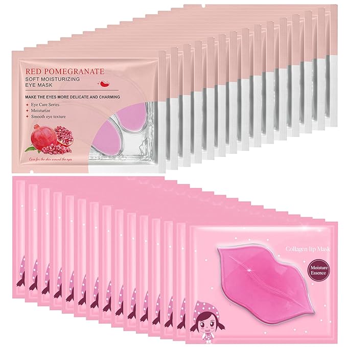 30Pcs Lip Mask Under Eye Masks Patches,Crystal Collagen Hydrating Moisturizing Smoothing Lips Gel Pads for Puffy Eyes Bags,Dark Circles,Puffiness,Fine Lines,Wrinkles,Anti-Aging Red Pomegranate