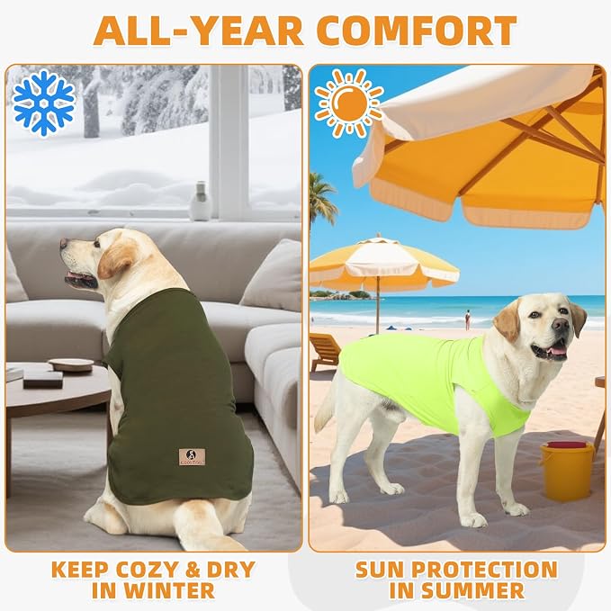 Large Dog Clothes for Boy Girl, 2 Pack Cotton Summer Dog T Shirts UV & Insect Protection for Outdoor Camping, Anti-Hair Loss & Breathable Sleeveless Pet Vest Tank Tops Apparel, Green, XXXL
