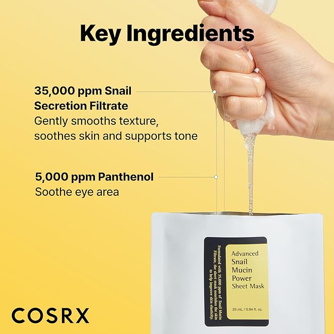 COSRX Snail Mucin Sheet Mask 10 EA with Snail Mucin Serum, Self Care, Face Masks for Dry, Sensitive Skin, Not Tested on Animals, No Parabens, No Sulfates, Korean Skin Care, Stocking Stuffers