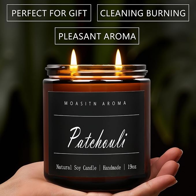 MOASITN Patchouli Large Heavenly Scented Candles for Home|19oz 100h Long Lasting Clean Burn|Natural Soy Aromatherapy Candle|2 Wick Jar Candle for Women,Men as Relaxing,Birthday,Housewarming Gifts