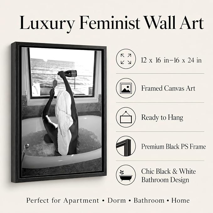Framed Black and White Fashion Canvas Wall Art Trendy Woman Drinking Wine in Bathtub Picture Wall Decor Luxury Feminist Bathroom Poster Print for Apartment Dorm Home Decoration 12x16in
