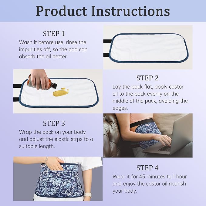 Reusable Castor Oil Pack Wrap for Liver Detox, Castor Oil Wrap for Stomach Less Mess, Elastic Strap Bamboo Cotton Machine Washable Anti Oil Leak 2pcs, Blue and White